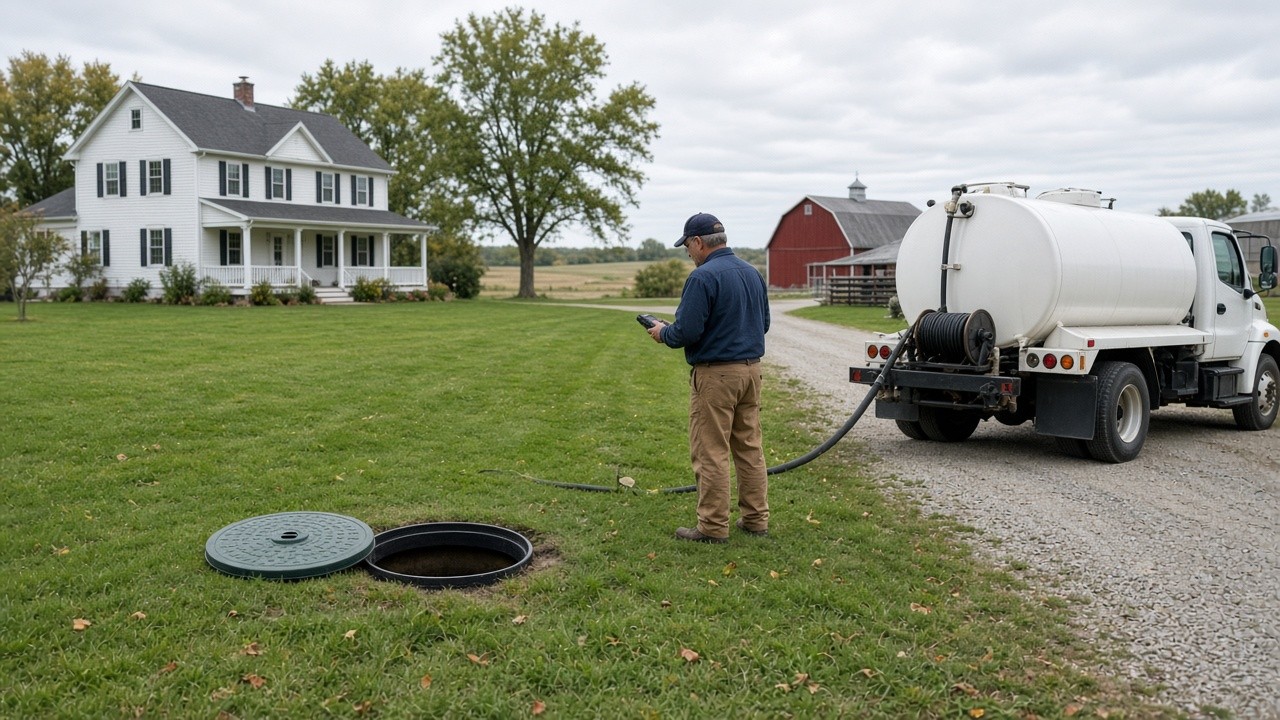 Septic pump truck beside an open tank lid in the yard of a rural Iowa farmhouse