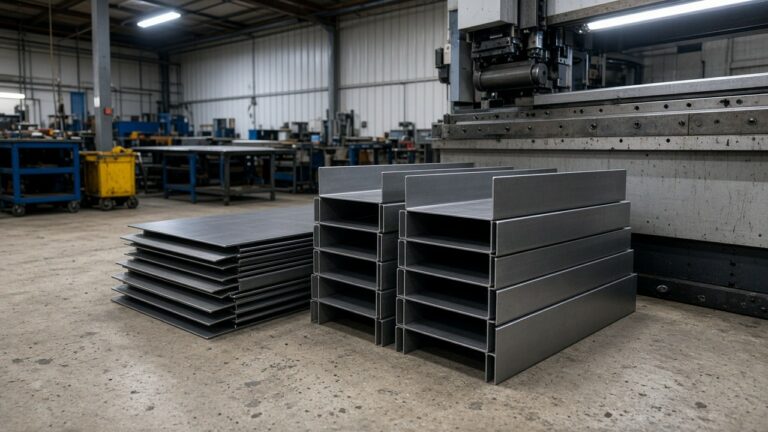 Formed sheet metal panels on a fab shop floor