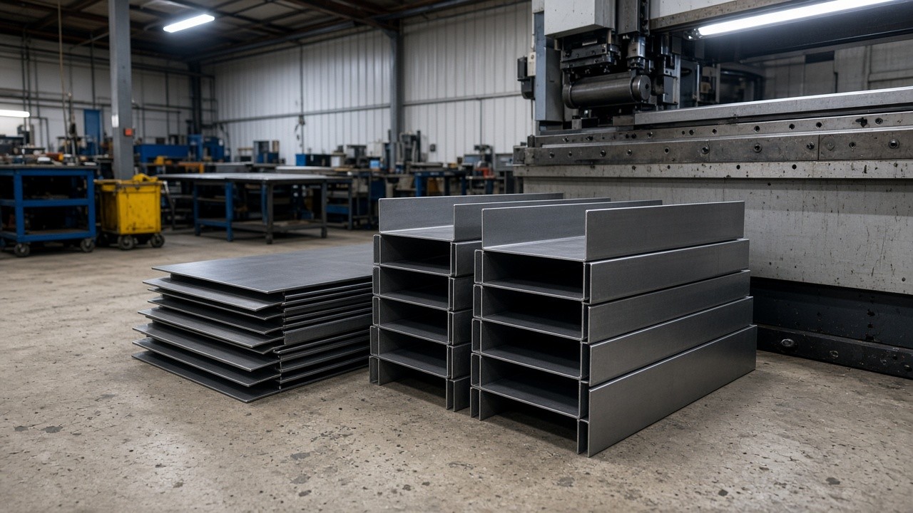 Formed sheet metal panels on a fab shop floor