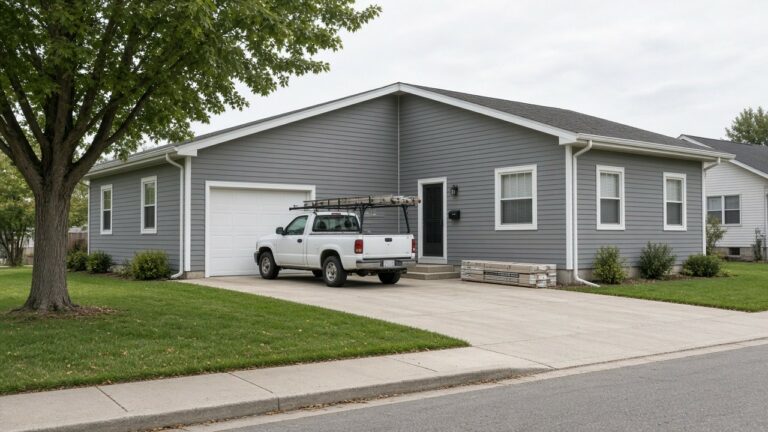 Freshly re-sided Iowa ranch house with gray lap siding and white trim, crew truck in the driveway