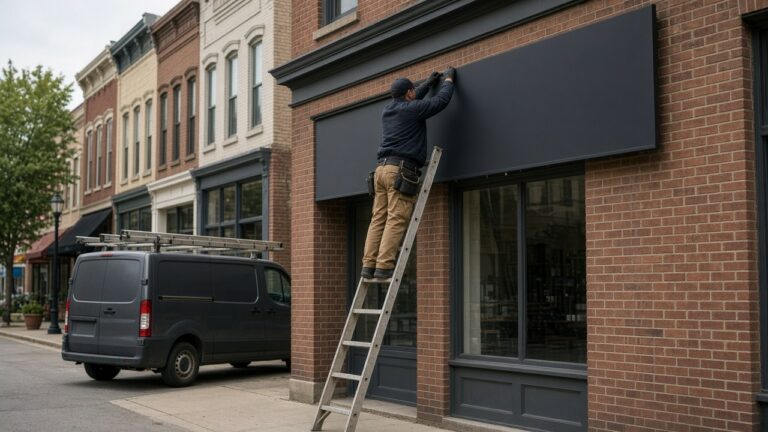 Installer on a ladder mounting a blank sign panel above a brick Main Street storefront