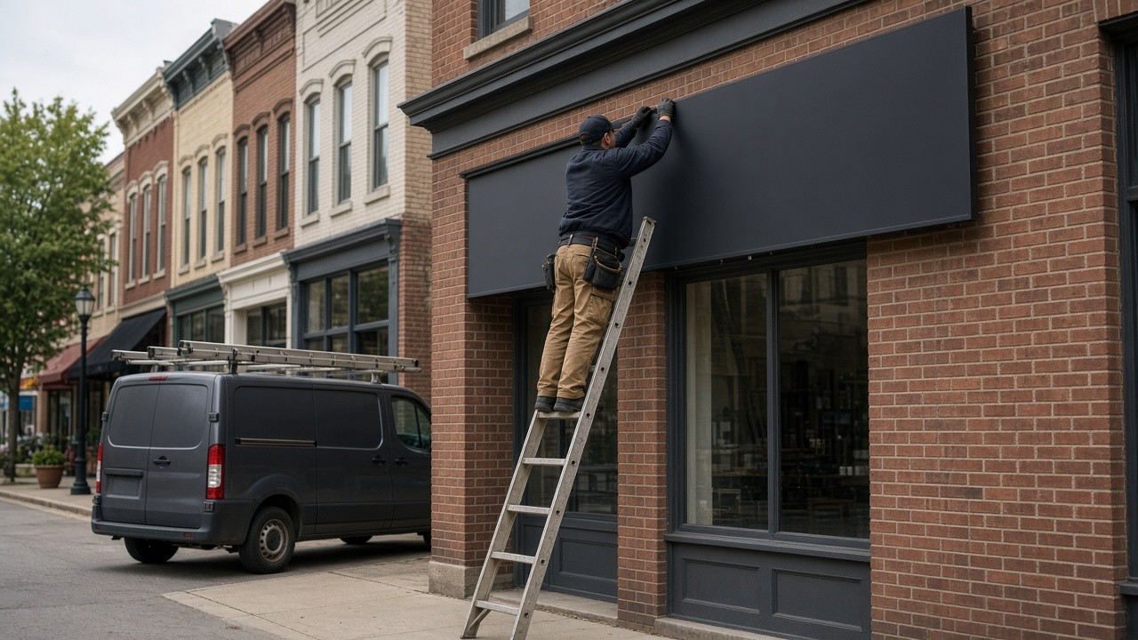 Installer on a ladder mounting a blank sign panel above a brick Main Street storefront