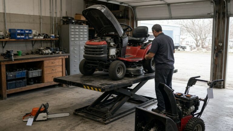 Riding mower on a lift table in a small engine repair shop with a chainsaw and snowblower waiting