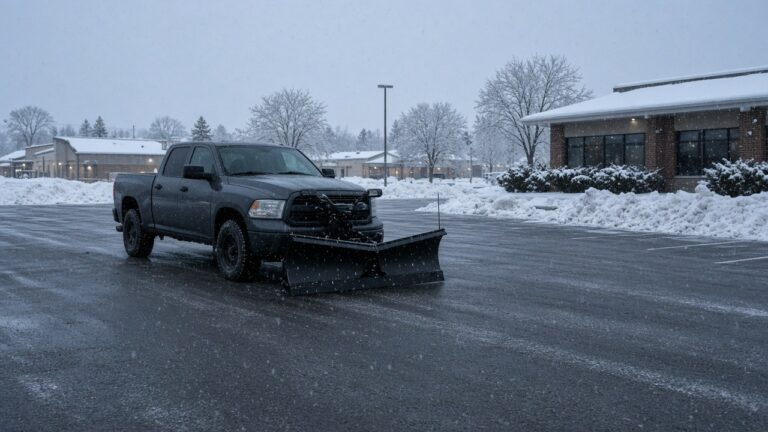 Pickup with a snowplow in a cleared small-business parking lot in an Iowa town
