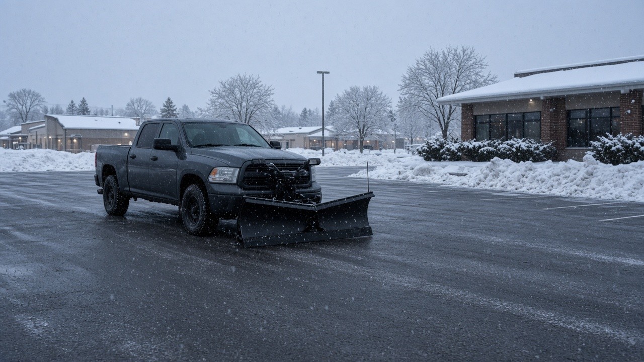 Pickup with a snowplow in a cleared small-business parking lot in an Iowa town