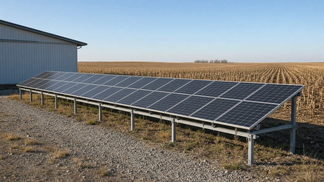 Ground-mounted solar array beside a machine shed on an Iowa farm