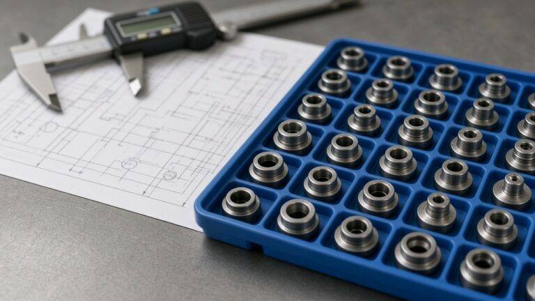 Small turned parts in tray with caliper and drawing