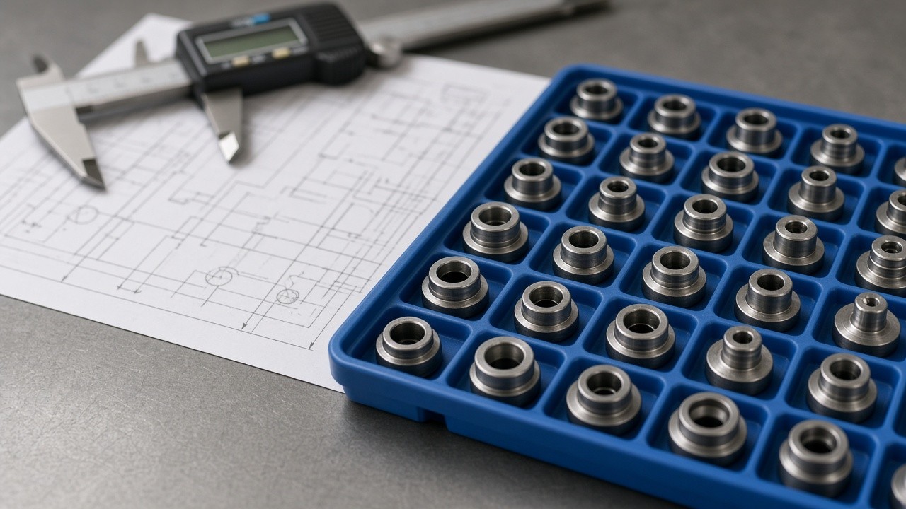 Small turned parts in tray with caliper and drawing