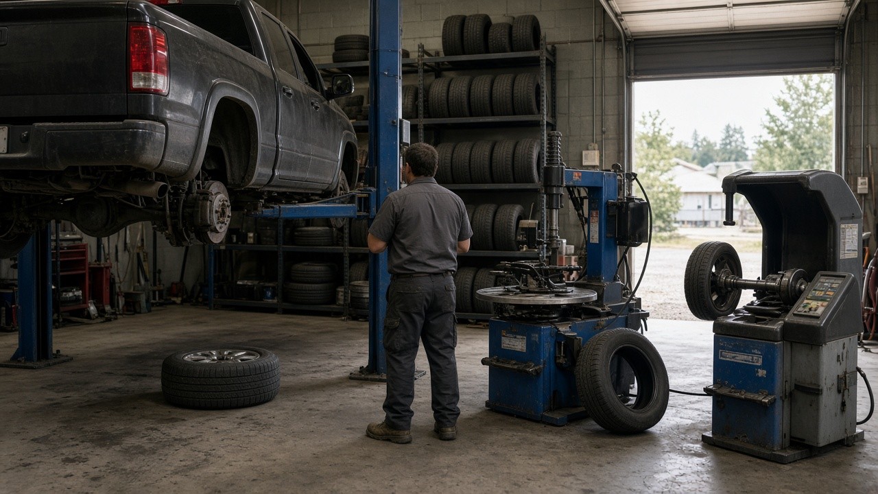 Pickup on a lift beside a tire changer and wheel balancer in a small tire shop