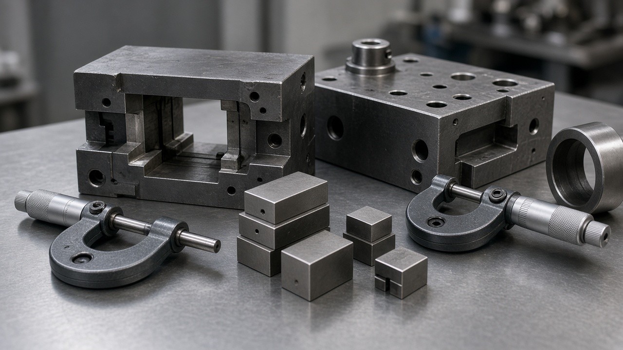 Die tooling with micrometers on a shop bench