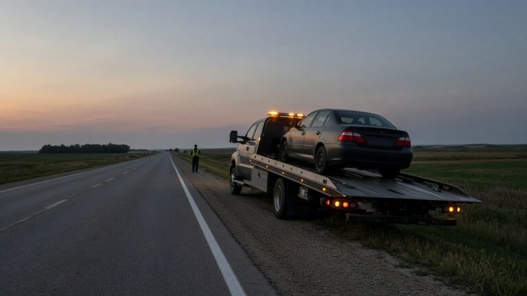 Flatbed tow truck with a sedan on the shoulder of a rural highway at dusk