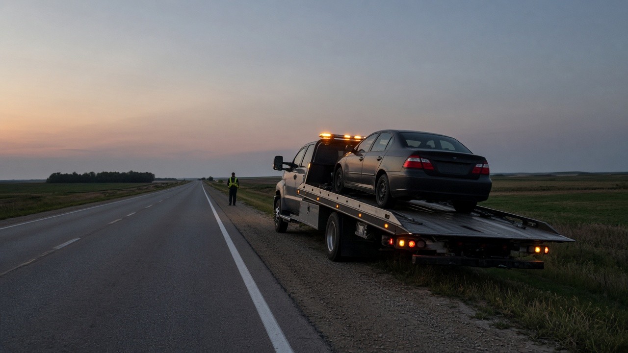 Flatbed tow truck with a sedan on the shoulder of a rural highway at dusk