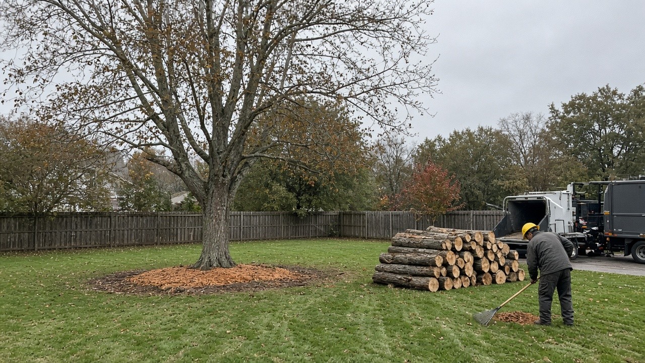 Tree crew raking up after trimming a large backyard tree, logs stacked and stump ground