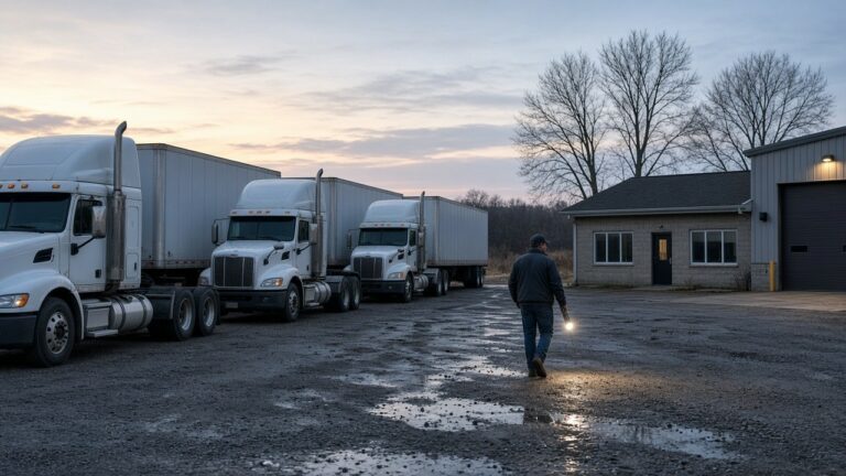 Driver doing a pre-trip walk-around beside semi trucks at a small Iowa trucking yard at dawn