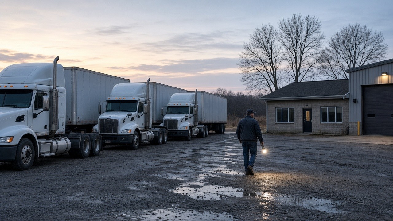 Driver doing a pre-trip walk-around beside semi trucks at a small Iowa trucking yard at dawn