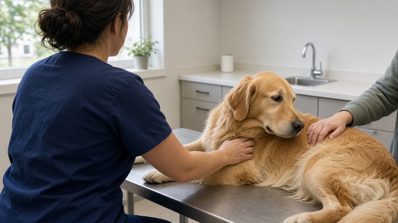 Veterinarian examining a calm golden retriever on an exam table