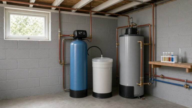 Water softener and brine tank installed next to a water heater in a Midwest basement