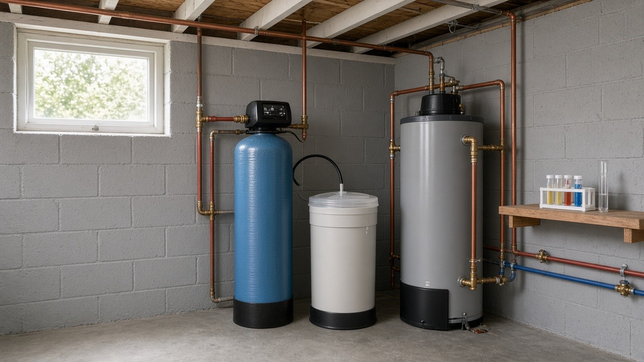 Water softener and brine tank installed next to a water heater in a Midwest basement