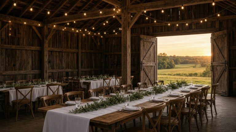 Barn wedding venue with long tables and string lights, doors open to a field at sunset