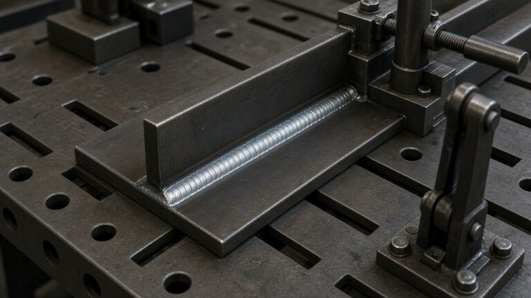 TIG weld bead on steel assembly with clamps