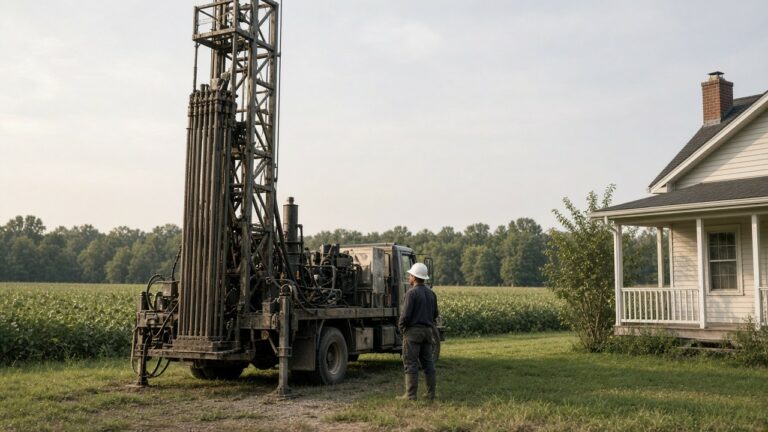 Well drilling rig set up beside an Iowa acreage home with a field behind it