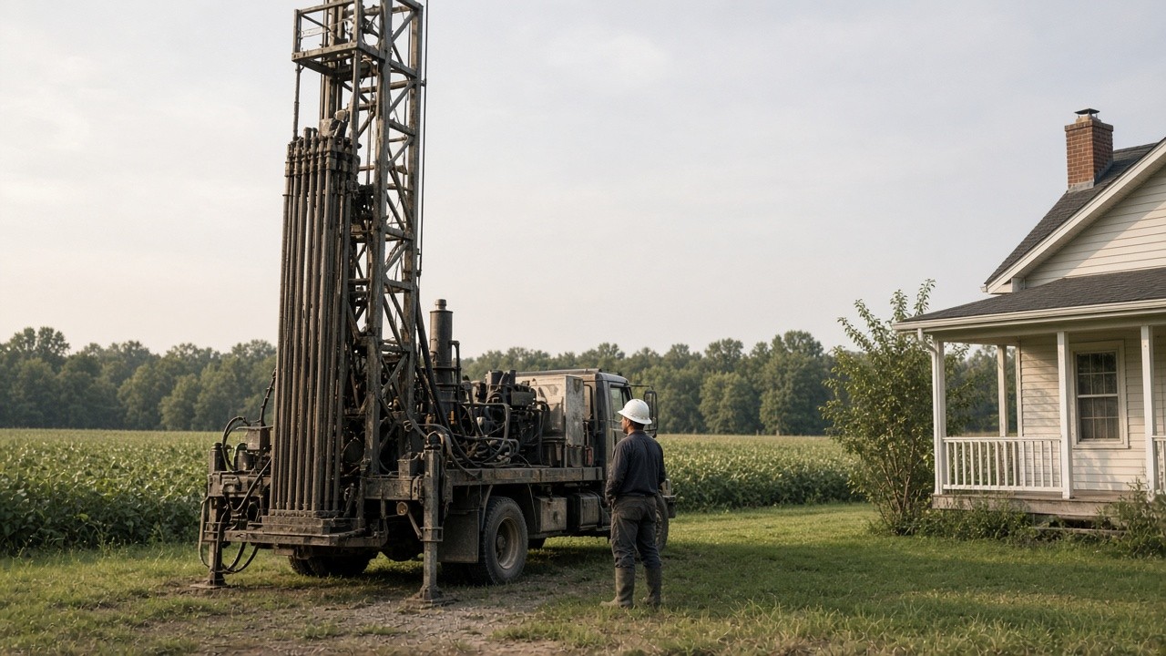 Well drilling rig set up beside an Iowa acreage home with a field behind it