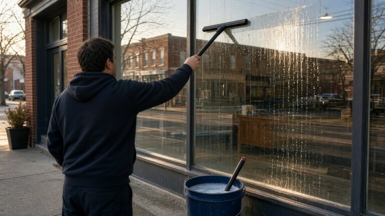 Window cleaner squeegeeing a storefront window on Main Street