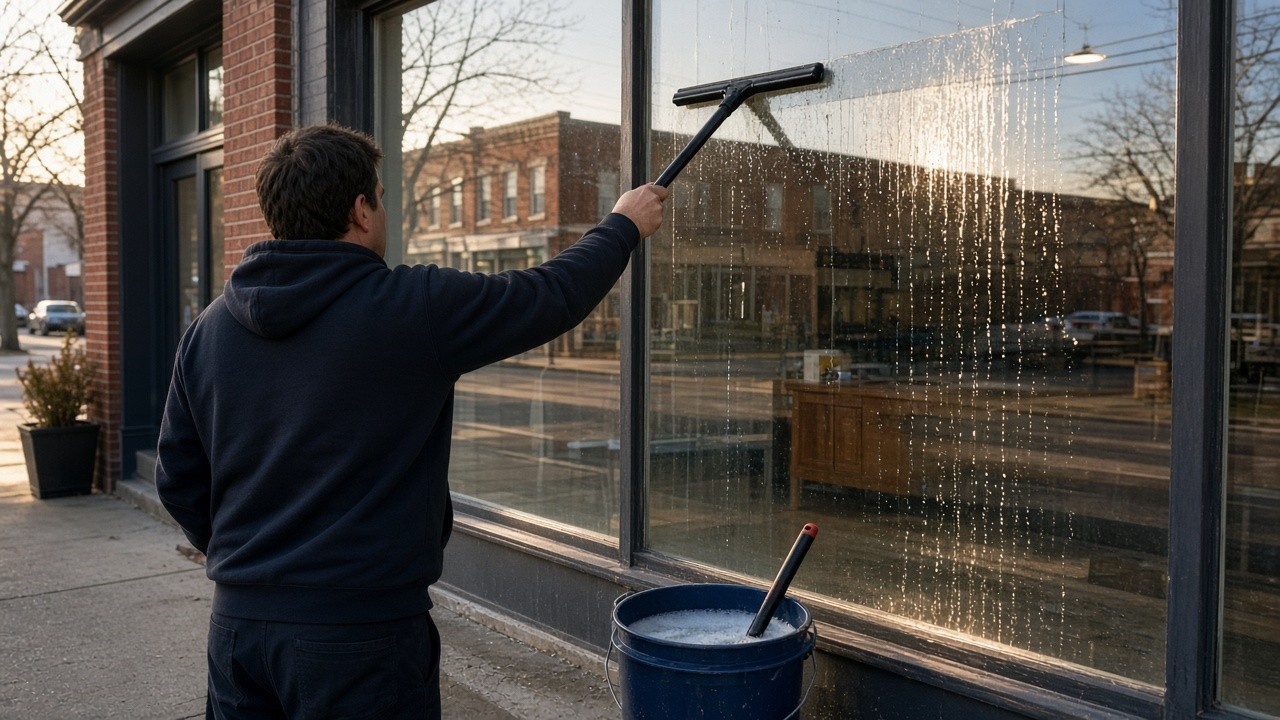Window cleaner squeegeeing a storefront window on Main Street