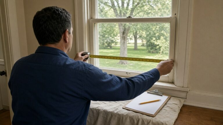 Installer measuring a window opening in an older Iowa house before replacement