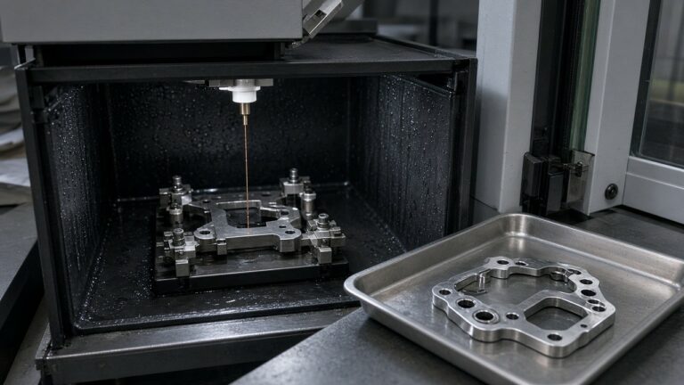 Wire EDM tank view with precision cut part in tray