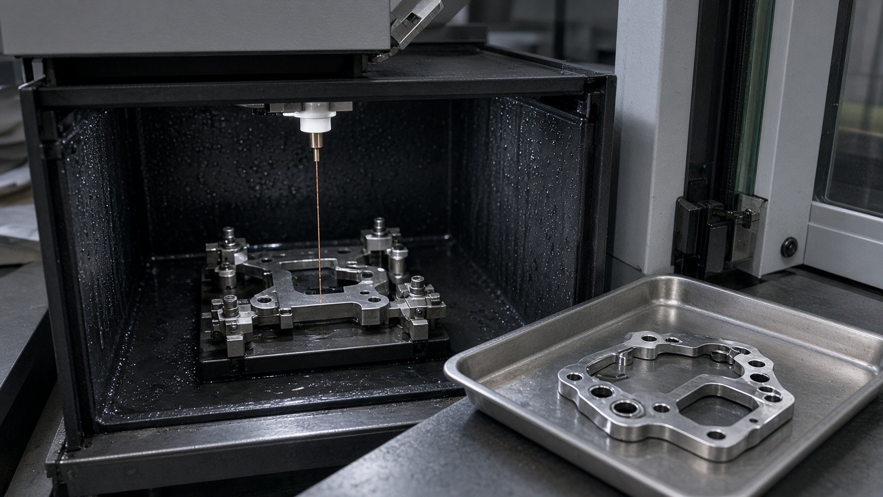 Wire EDM tank view with precision cut part in tray