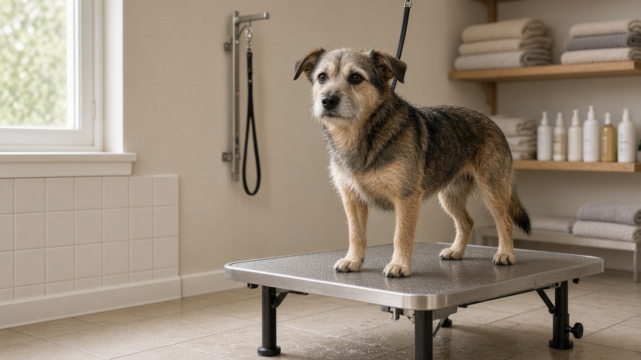 Calm Midwestern dog grooming room with a scruffy terrier mix standing on a stainless grooming table, towels and shampoo bottles on wood shelves, soft window light on clean tile