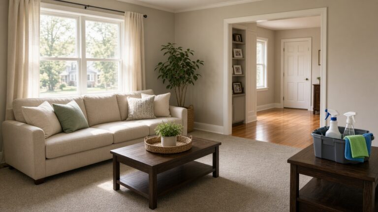 Tidy Midwestern living room after a professional clean, with a cleaning caddy of spray bottles and cloths on a side table, fluffed sofa, and polished hardwood by the doorway